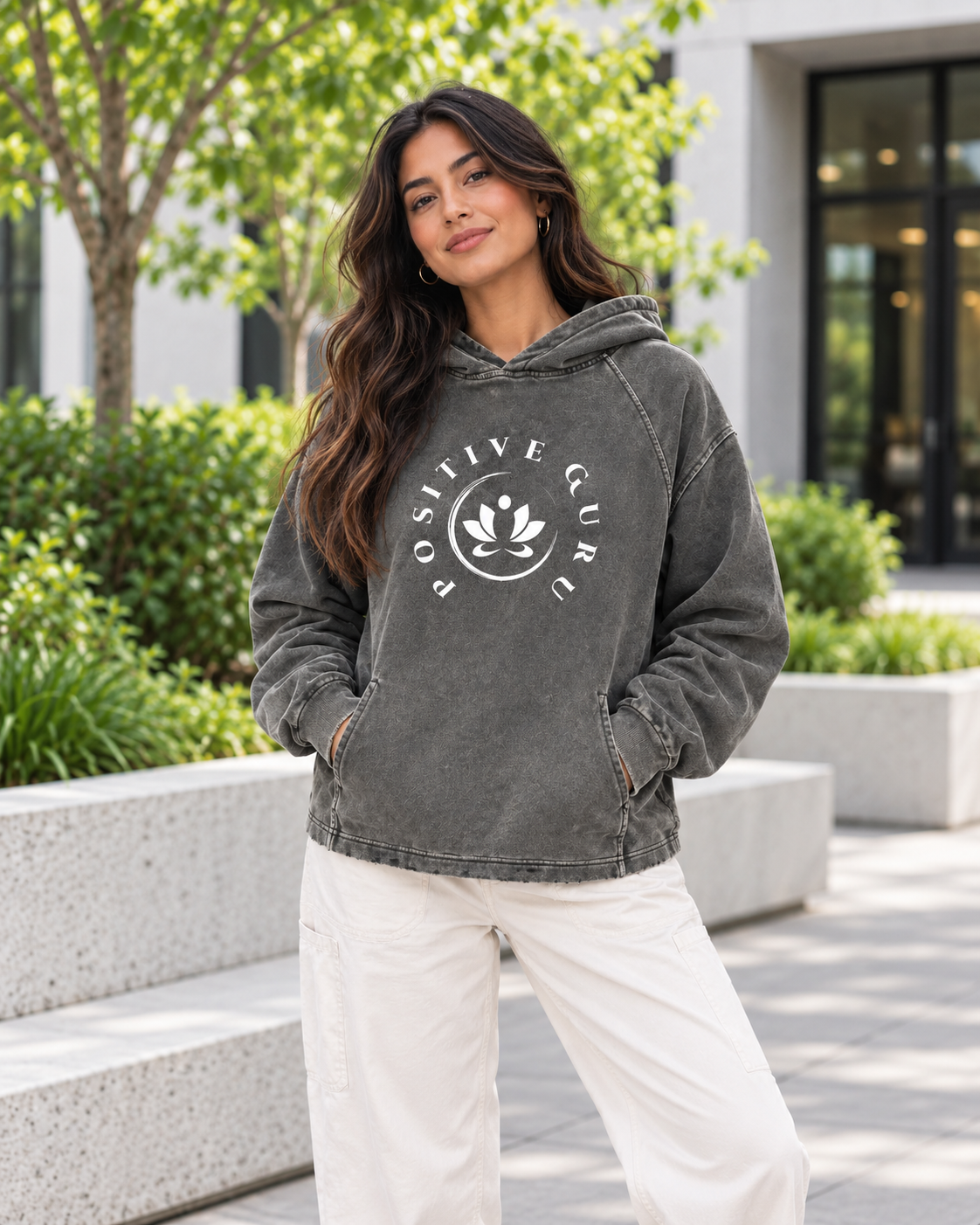 Women's Vintage Washed Frayed-Hem Hoodie Gray