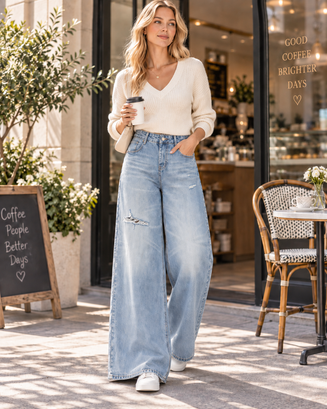 Women's Vintage Wash Distressed Wide Leg Jeans