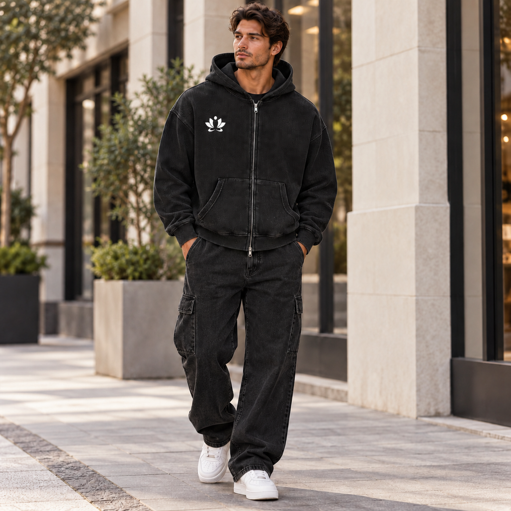 Men's Awareness Vintage Wash Boxy Waffle Full Zip Hoodie