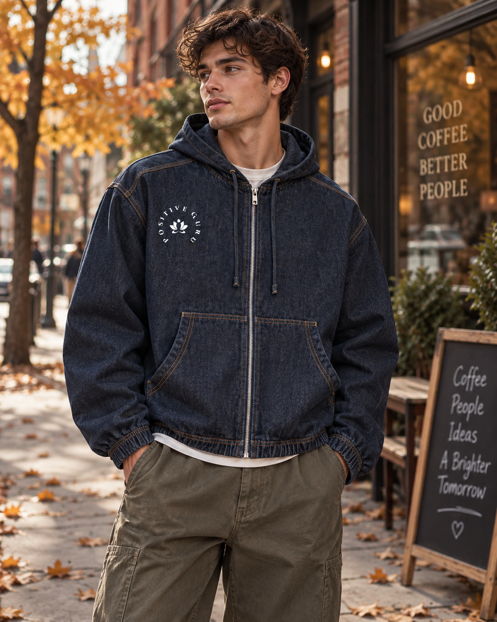 Street / Luxury Manifesto Boxy Hooded Denim Jacket -- Boxy Fit (Fortuitous)