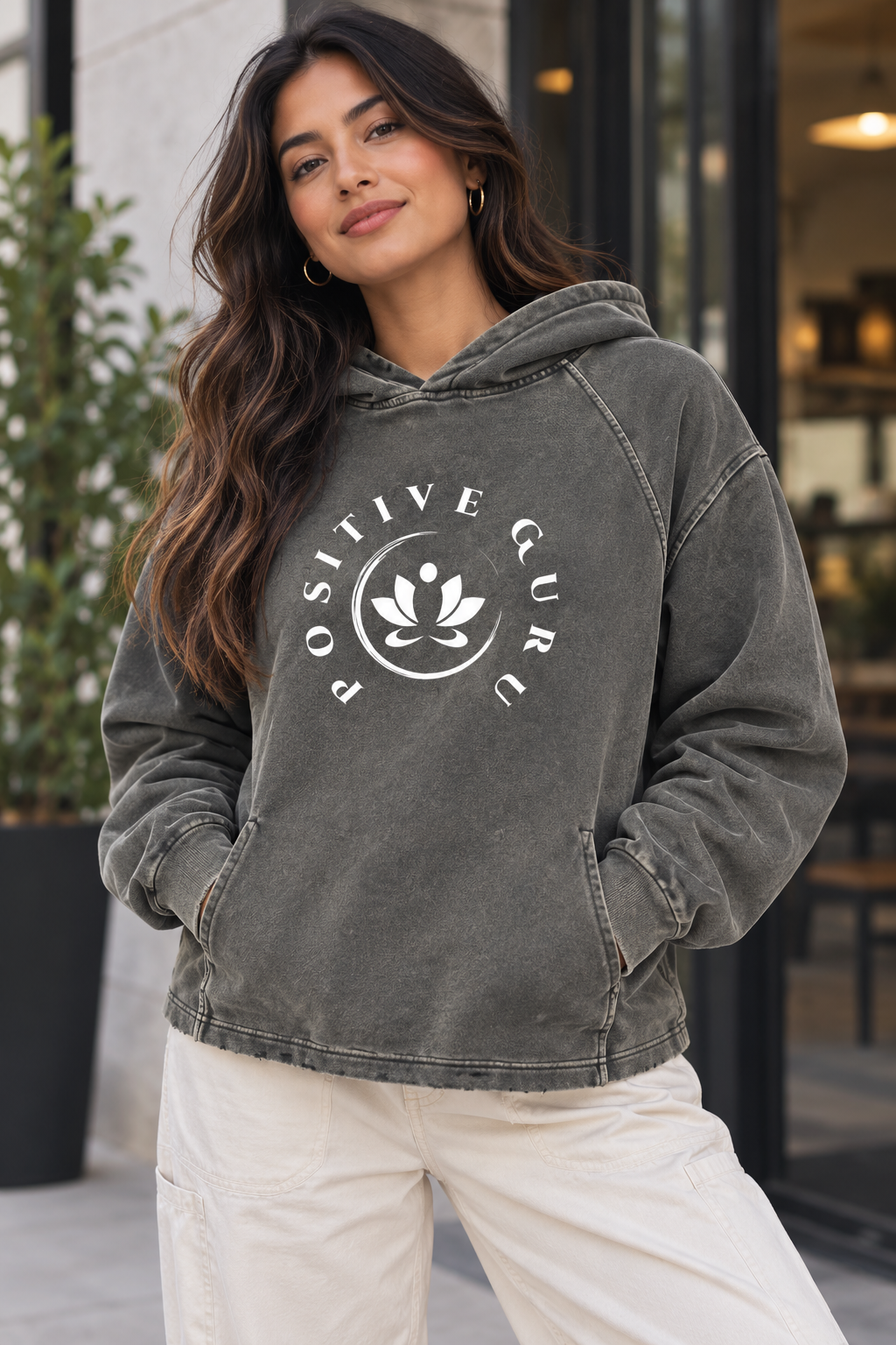 Women's Vintage Washed Frayed-Hem Hoodie Gray