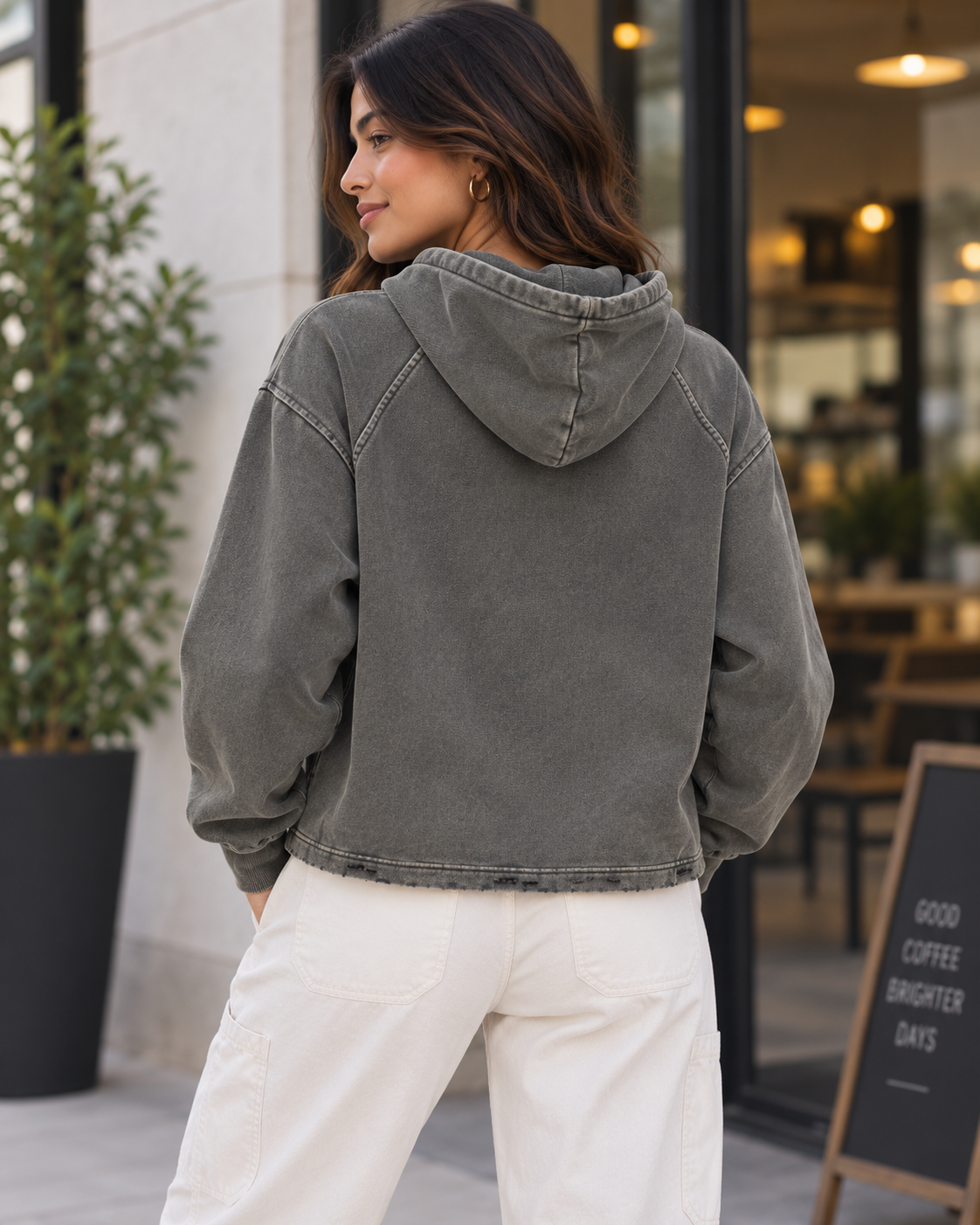 Women's Vintage Washed Frayed-Hem Hoodie Gray